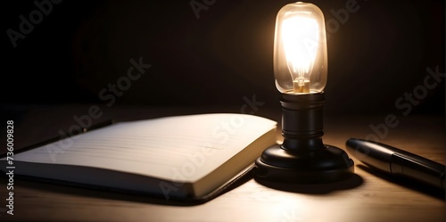 Lantern on a wooden table with a notebook and a pen