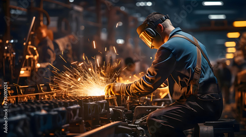 Worker in industrial uniform and welder's mask at steel welding plant photo