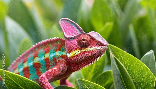 a vivid pink chameleon with detailed scales and bright eyes nestled in lush green leaves