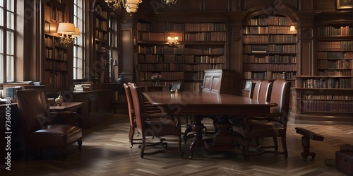 Old library interior with wooden tables, chairs and bookshelves.