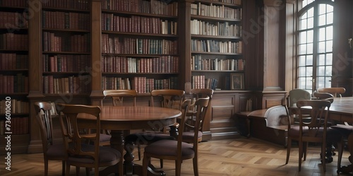 Old library interior with wooden tables, chairs and bookshelves.