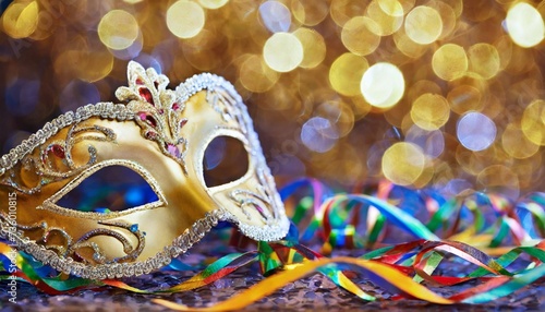carnival party venetian mask with abstract defocused bokeh lights on shiny streamers masquerade disguise concept