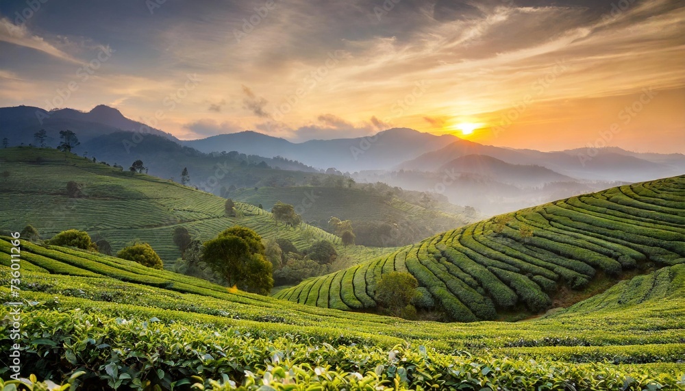 beautiful tea plantations landscape at sunset