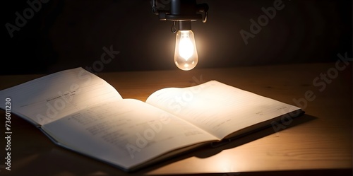 Light bulb coming out of a book on a wooden table with books