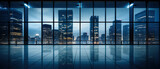 Vibrant nocturnal panorama of a bustling cityscape through the reflection on the skyscrapers glass mirror facade. Abstract background design. Geometric perspective angle