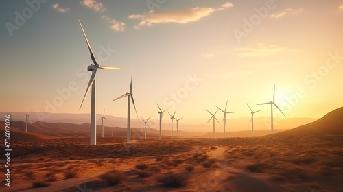 Many windmills installed in a desert green energy concept, 