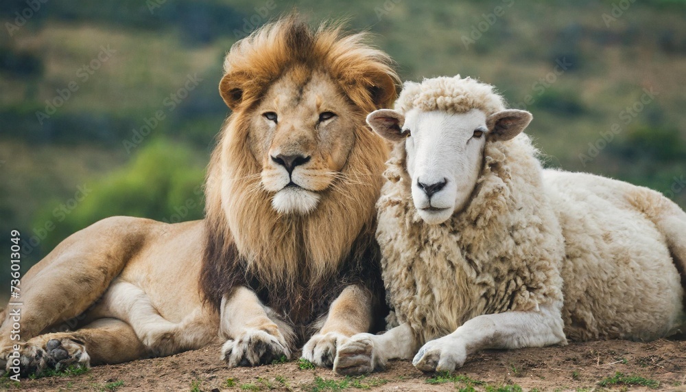 lion and sheep lying together peace concept