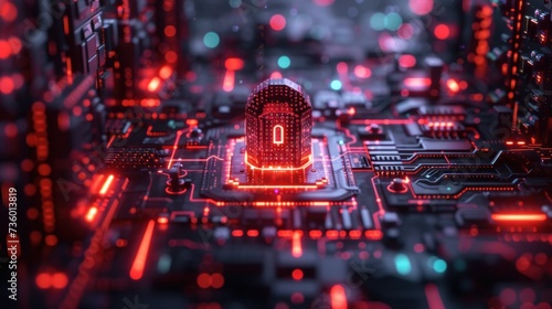 padlock in the middle of a circuit board, AI threat detection and risk analysis algorithms