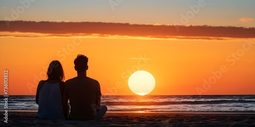Silhouette of man and woman sitting on the beach at sunset