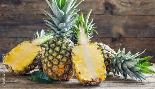 ripe pineapples on a wooden table