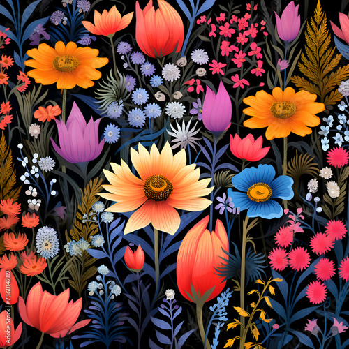 Seamless pattern with colorful flowers on black background. illustration.
