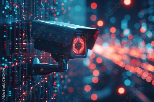 cctv camera against colorful lights on a computer background photo