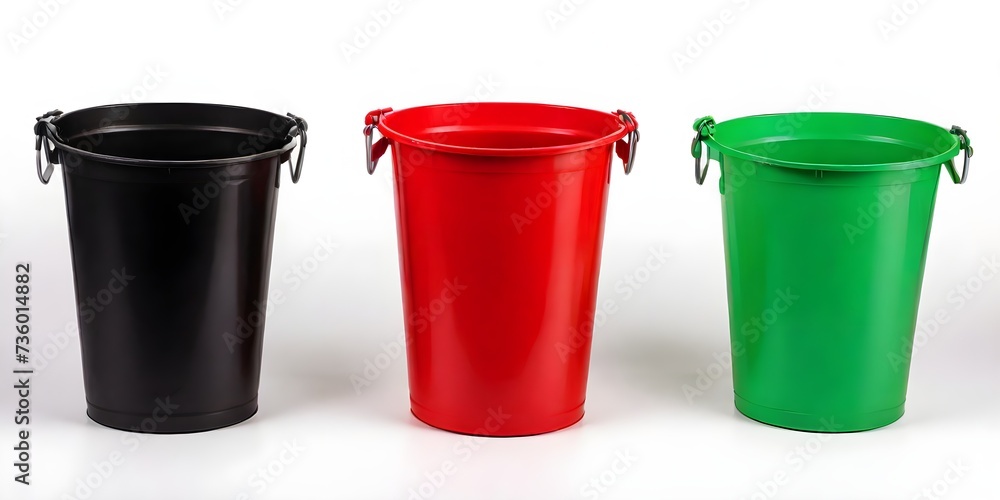 Three colored trash bins isolated on white background. 3D illustration. Three colored trash bins isolated on white background. 3D illustration.