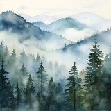 Foggy morning in the mountains. Watercolor painting.  illustration.