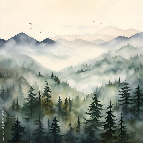 Foggy mountains with coniferous forest. Digital painting.