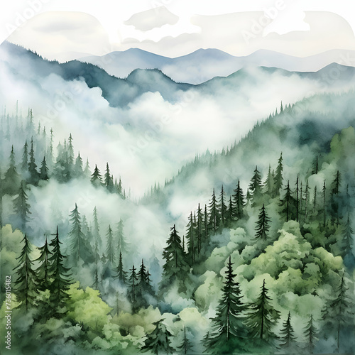 Landscape with fir forest and mountains in fog. Digital painting.