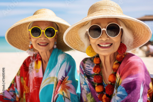 Two stylish elderly women, with sunglasses on, dressed in summer floral kimono, wearing a wide-brimmed straw hat, sitting in beach bar on a sandy beach. Selective focus.