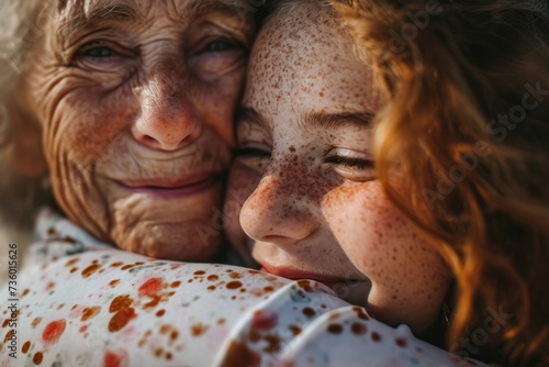 Close up grandmother hugs her granddaughter tightly. A red-haired little Irish girl hugs her old grandmother. Concept of family, kinship, two different generations photo