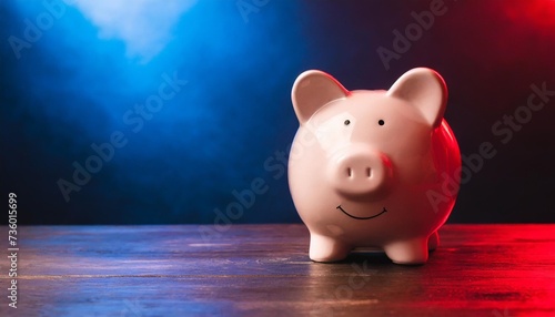 piggy bank on a dark background with red blue backlight banking concept bright neon lights on a black background banner