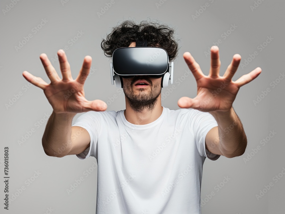 Young man using virtual reality headset. Isolated on gray background studio portrait. VR, future, gadgets, technology, online education, study, video game concept Young man using virtual reality headset. Isolated on gray background studio portrait. VR, future, gadgets, technology, online education, study, video game concept