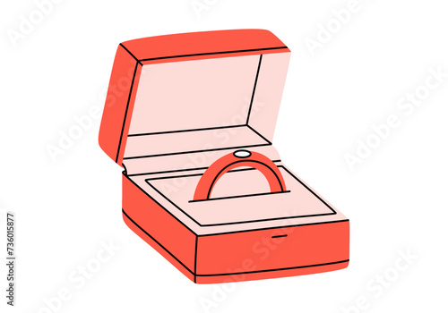 Hand drawn cute cartoon illustration of wedding ring in box. Flat vector engagement ring with gemstone sticker in doodle style. Propose and marriage. Valentine's Day and love concept icon. Isolated.