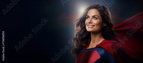 Young attractive impressive confident woman smiling in a superwoman costume standing on a dark background, banner with copyspace	

