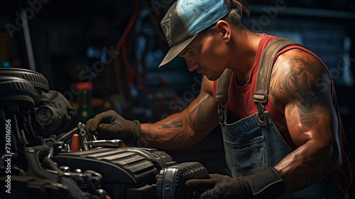 Closeup of a car mechanic working confidently, wearing gloves and a safety cap,