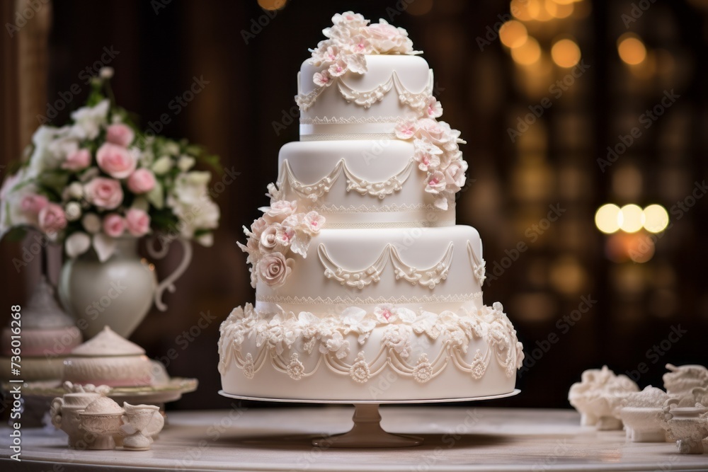 A multi-tiered wedding cake adorned with intricate fondant details, delicate flowers, and elegant piping A multi-tiered wedding cake adorned with intricate fondant details, delicate flowers, and elegant piping