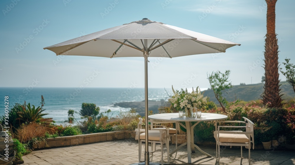 A Patio With a Table, Chairs, and an Umbrella