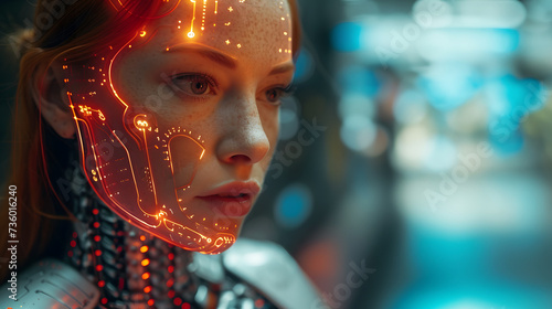 Futuristic Female Cyborg in Robotic Suit, Humanoid Beautiful Woman Droid, Half-Human, Half-Machine Concept for Artificial Intelligence, Sci-Fi, Technology, and Cybernetic Innovation Design.
