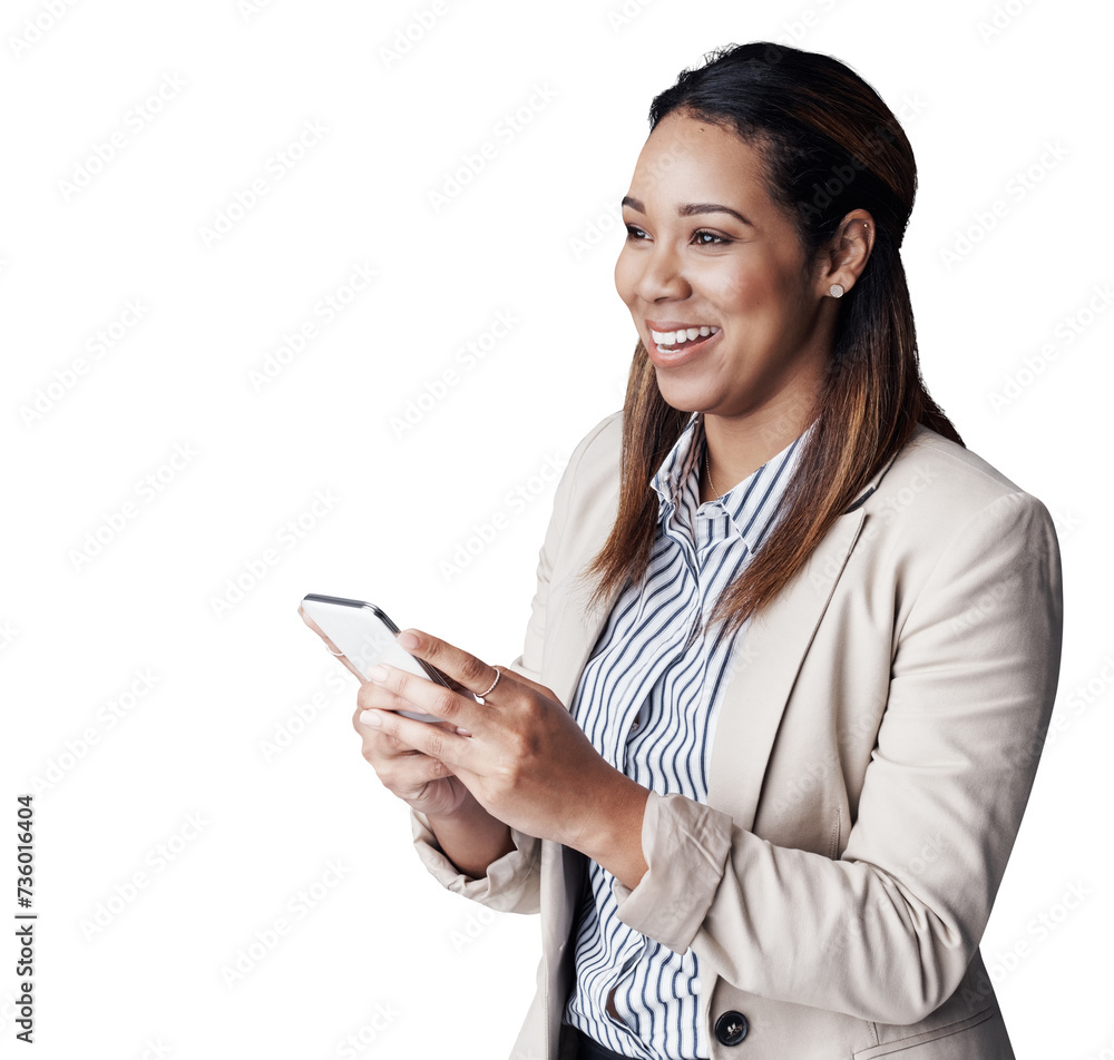 Business, smile and woman with a cellphone, digital app and consultant isolated on transparent background. Png, person and entrepreneur with a smartphone and contact with connection and digital app Business, smile and woman with a cellphone, digital app and consultant isolated on transparent background. Png, person and entrepreneur with a smartphone and contact with connection and digital app