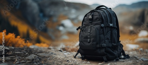 Close up tourist backpack on the rocks against the backdrop of mountains and river. Wellbeing lifestyle, travel and tourism concept with copyspace for text 