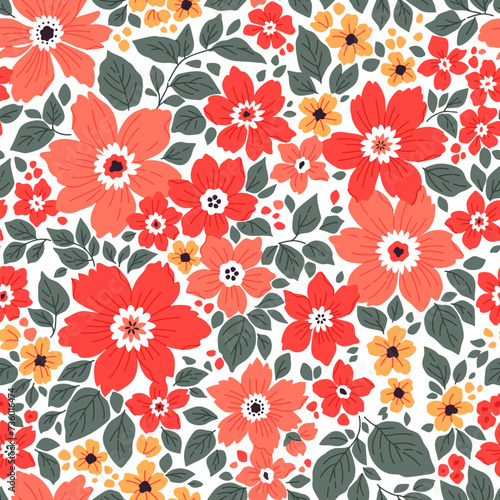 Vintage floral background. Floral pattern with small coral red flowers on a white background. Seamless pattern for design and fashion prints. Perfect for textile prints. Ditsy style.