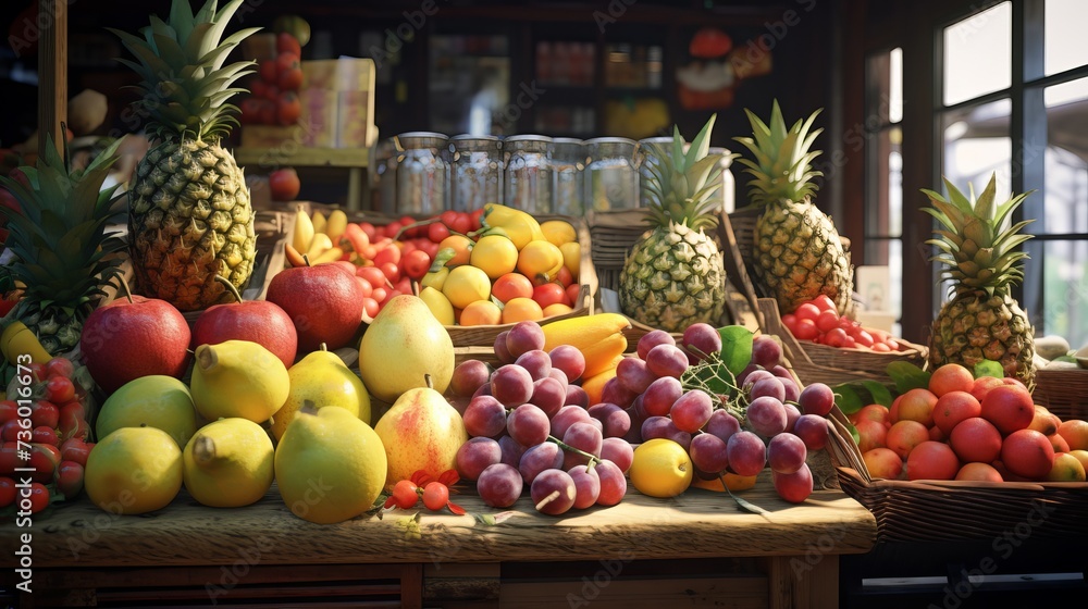 Closeup of a fruit stall small business concept. Fresh healthy pineapples, apples, and guava fruits glow in the lights Closeup of a fruit stall small business concept. Fresh healthy pineapples, apples, and guava fruits glow in the lights