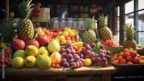  Closeup of a fruit stall small business concept. Fresh healthy pineapples, apples, and guava fruits glow in the lights