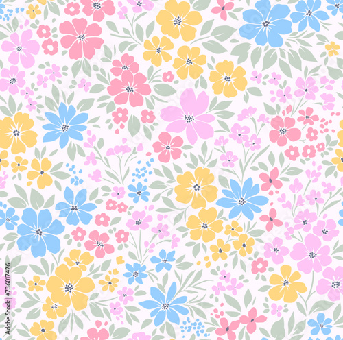 Retro floral pattern in small decorative flowers. Small blue  yellow pink flowers. White background. Ditsy print. Floral seamless background ditsy pattern in small cute wild flowers.