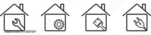 home repair icons, house renovation, maintenance service vector symbol on transparent background.