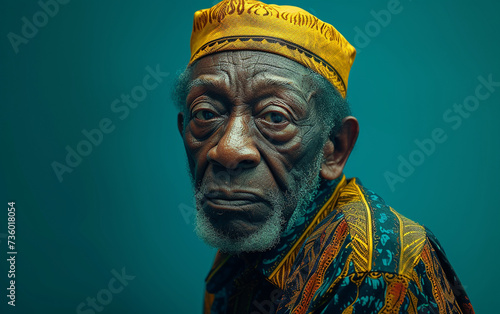 A portrait of a multiracial old man with a yellow hat on his head.