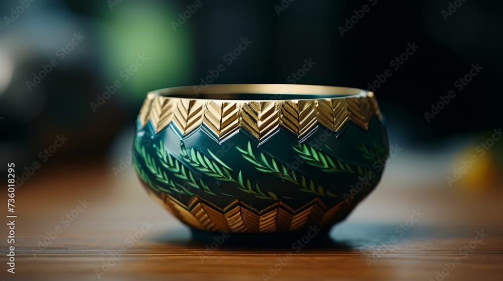 A Green and Brown Bowl on a Wooden Table A Green and Brown Bowl on a Wooden Table
