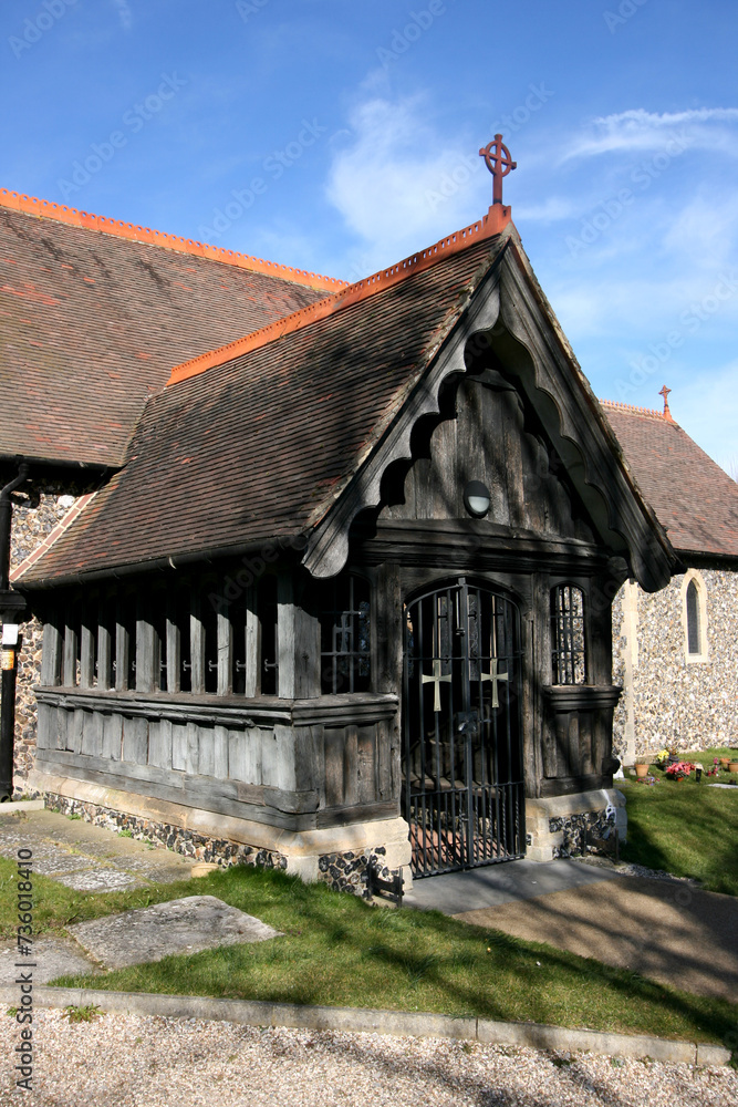 Wooden porch of All Saints Church in Doddinghurst, Essex, England Wooden porch of All Saints Church in Doddinghurst, Essex, England