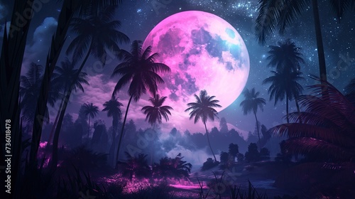 Night landscape with big moon and silhouettes of palm trees in pink color