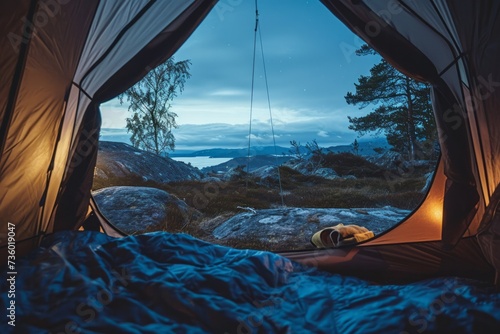 View from inside an open camping tent from the sleeping place to the beautiful landscape. Concept of mountaineering, tourist recreation and sport