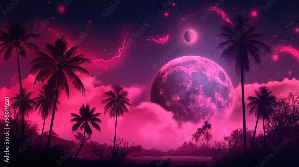 Night landscape with big moon and silhouettes of palm trees in pink color