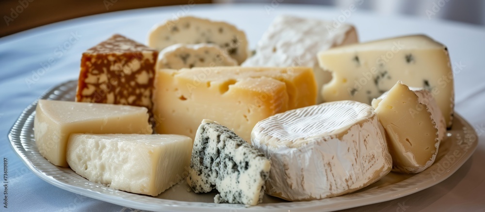 Assorted cheese plate on rustic wooden table, gourmet dairy product served for appetizer