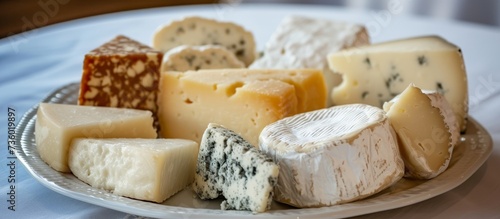 Assorted cheese plate on rustic wooden table, gourmet dairy product served for appetizer