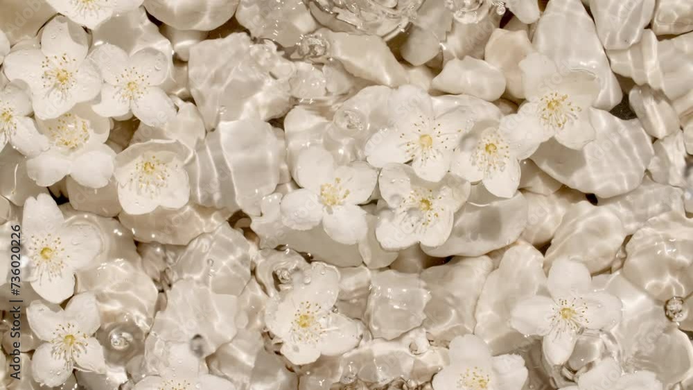 White Jasmine, flowers on water surface and falling water drops, waves on White background. Water splash. Pure water with reflections sunlight and shadows. Valentines day texture. High quality 4k. White Jasmine, flowers on water surface and falling water drops, waves on White background. Water splash. Pure water with reflections sunlight and shadows. Valentines day texture. High quality 4k.