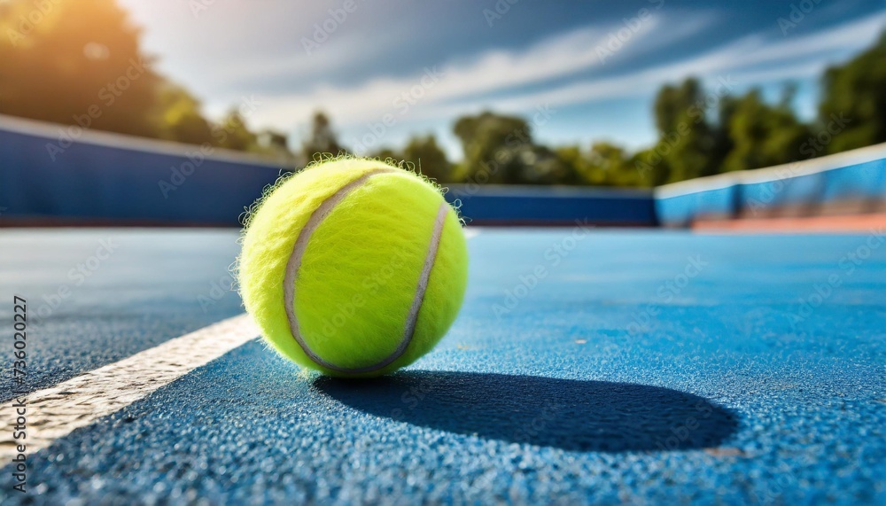 flying tennis ball on a blue court