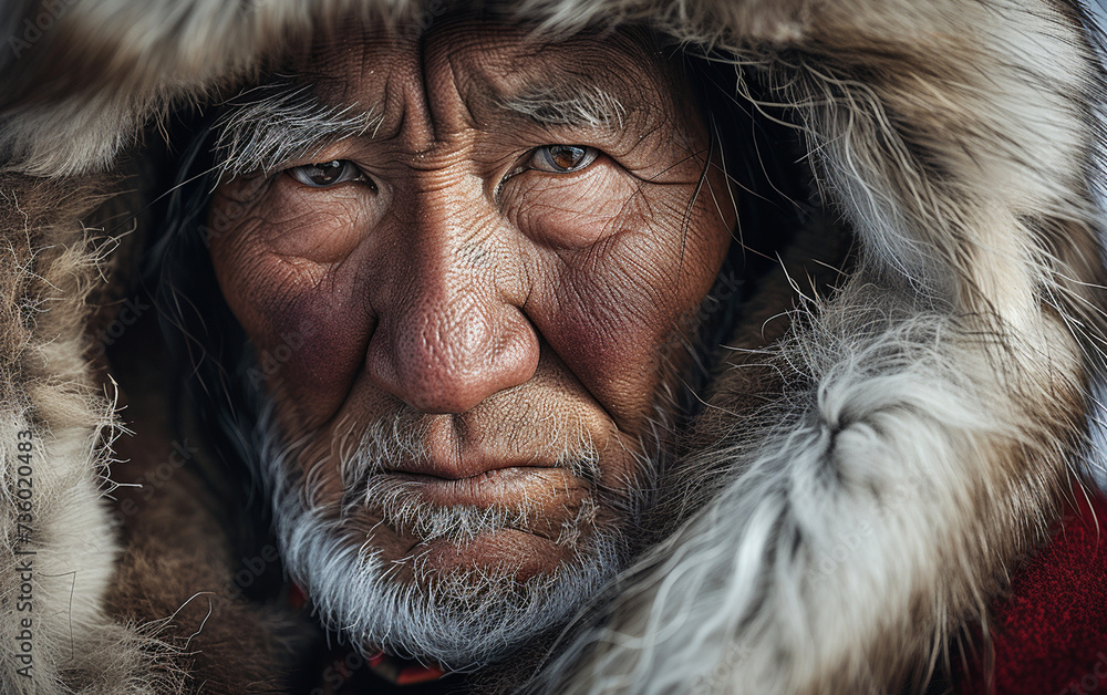 An image capturing a multiracial elderly man wearing a fur coat and a hood.