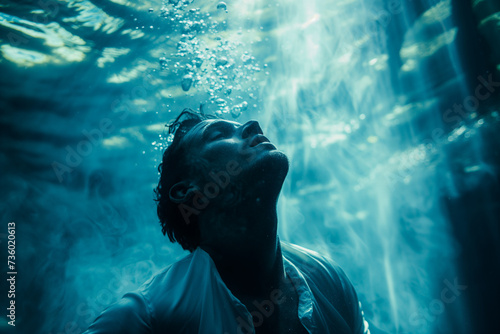 Underwater photograph of a person who dived with their eyes closed