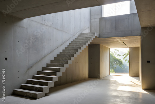 an empty room with stairs in a concrete house, in the style of new sculpture, sunrays shine upon it, mingei, spot metering, raw and unpolished, rectangular fields